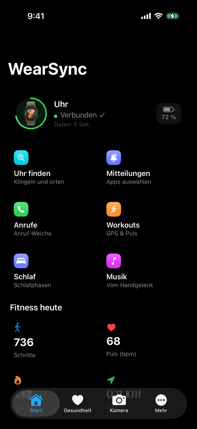Startseite der App mit verbundener Uhr, Schnellzugriffen und Tageswerten