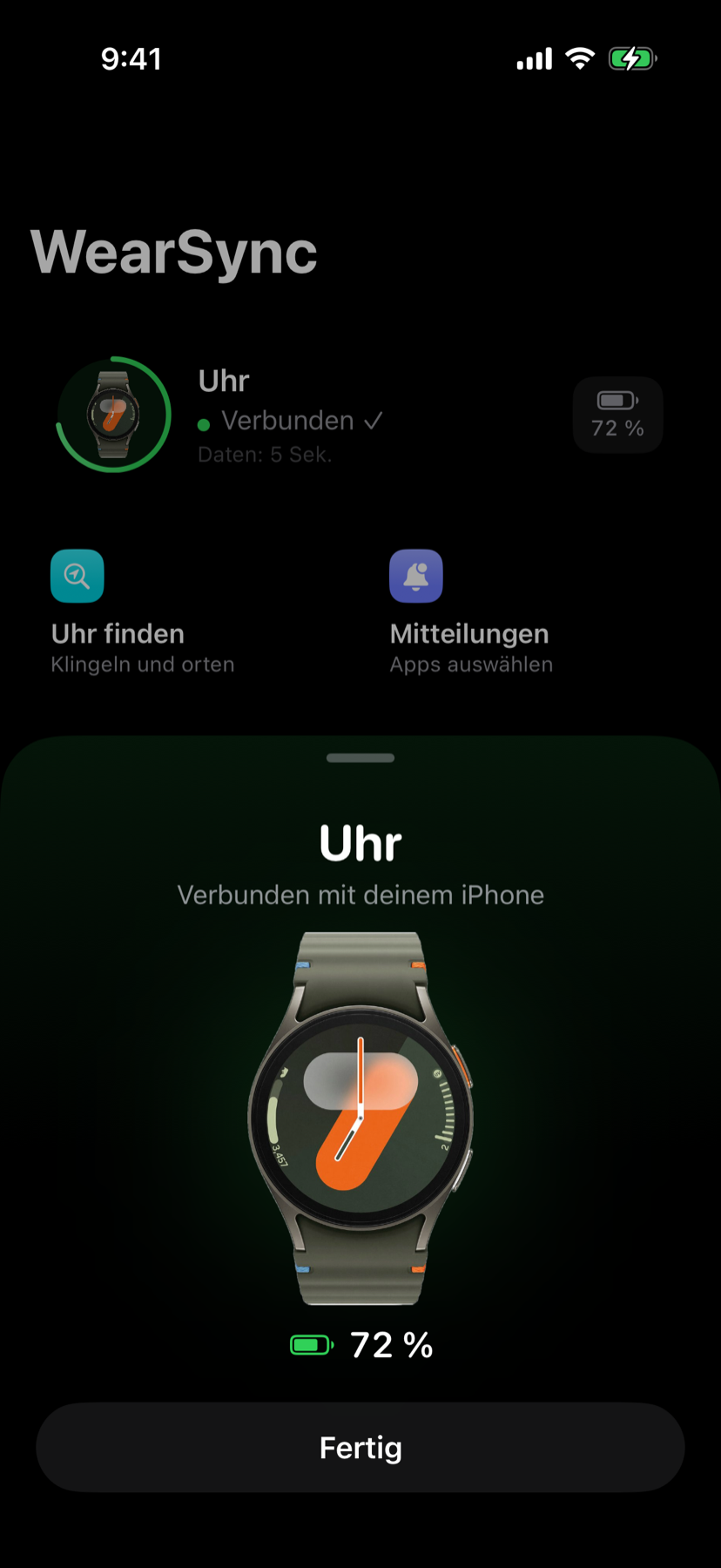 Erkanntes Uhrmodell mit Akkustand