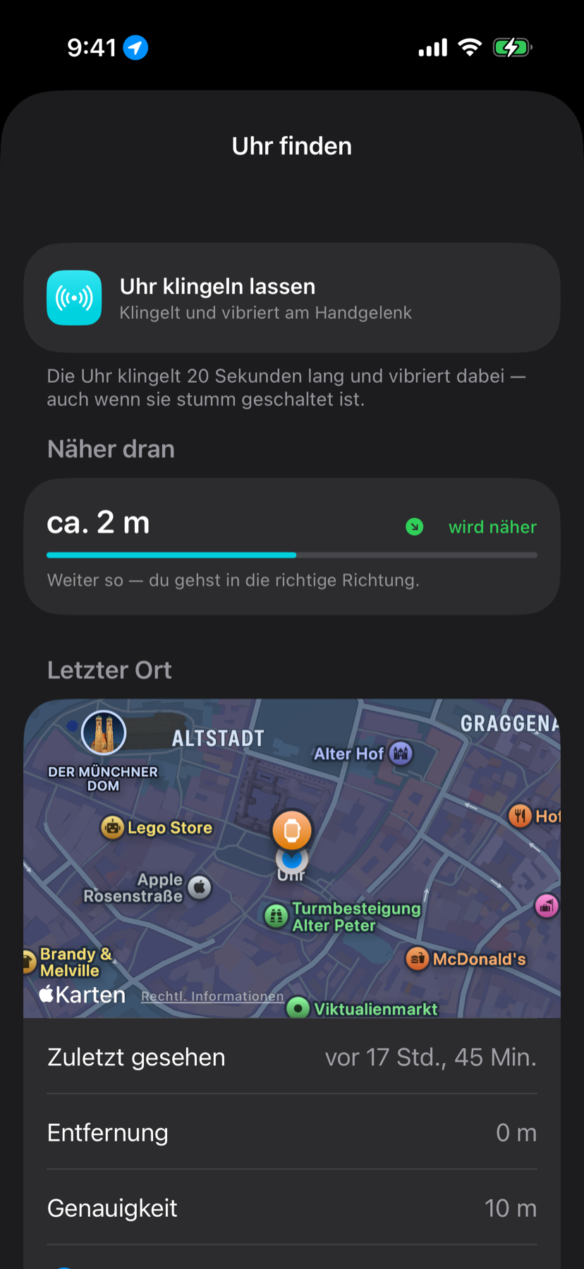Karte mit dem zuletzt bekannten Ort der Uhr