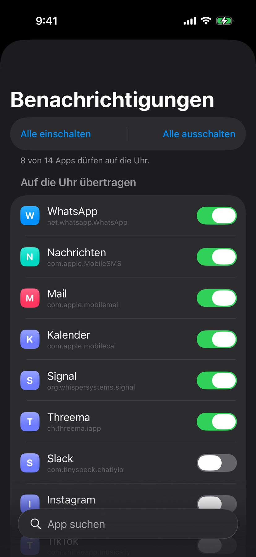 Mitteilungsfilter: Liste aller Apps mit einem Schalter je App