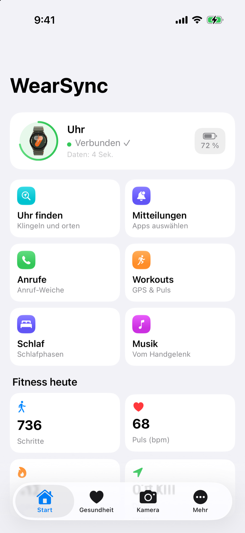 Startseite: verbundene Uhr mit Akkuring, Schnellzugriffe, Fitnesswerte