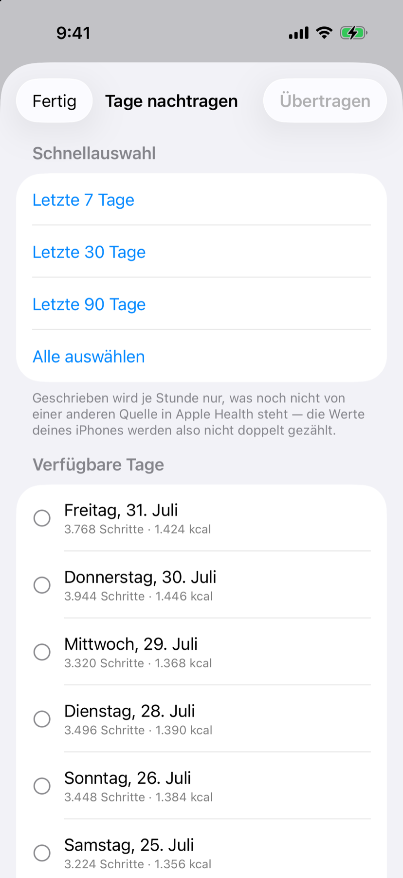 Nachtrag vergangener Tage nach Apple Health