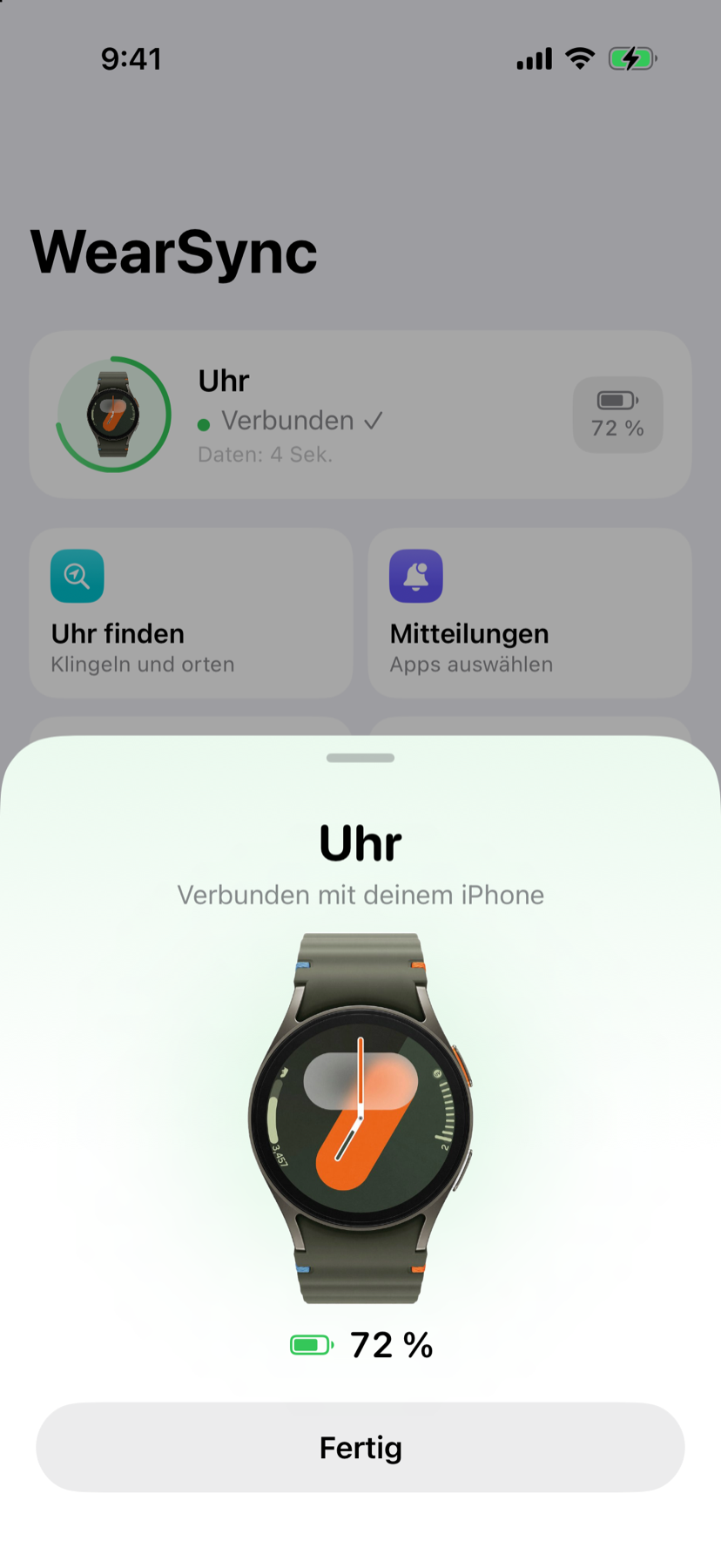 Verbindungskarte mit Produktfoto der Uhr und Akkustand