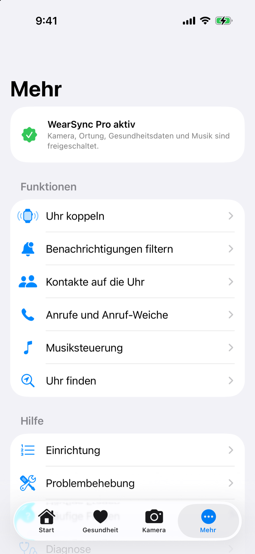 Mehr-Seite mit dem Funktionsumfang