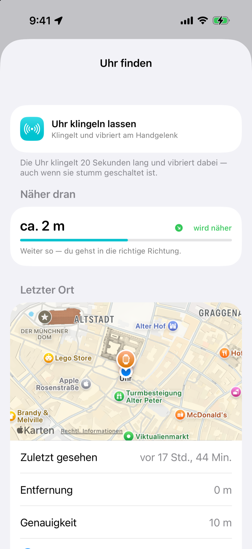 Uhr finden: Näherungssuche mit Entfernungsanzeige