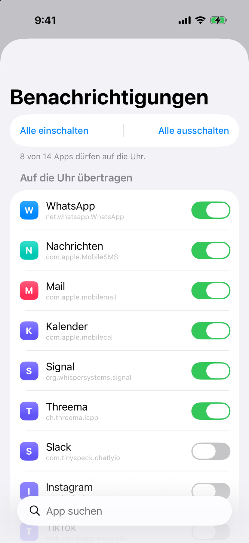 Mitteilungsfilter: Liste aller Apps mit einem Schalter je App